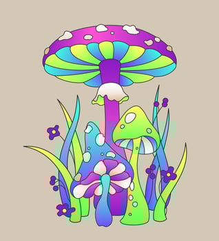 Vector color illustration of mushrooms, fly agarics, toadstools, herbs and flowers in bright neon colors