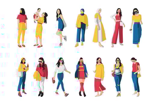 Set of stylish modern women in fashion clothes. Collection of people in fashionable urban clothes with white background. Set of colorful women. vector