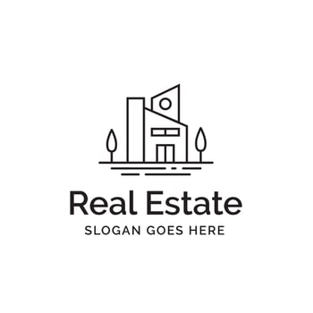Modern building house with trees line art real estate logo design vector