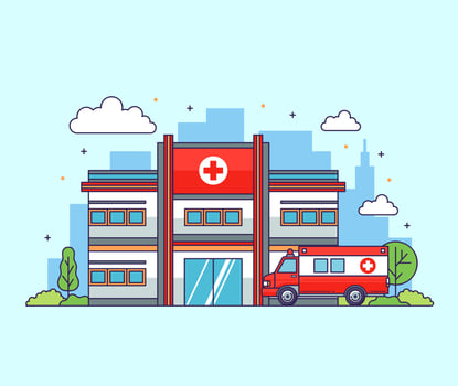 Hospital buildings with ambulance flat illustration vector design