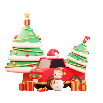 Merry christmas and happy new year with 3d pine trees and christmas ornaments png