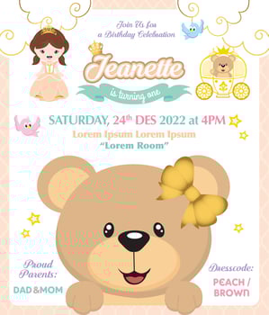 Birthday invitation with cute princess and bear vector