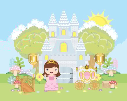 Blue castle and pink princess illustartion vector