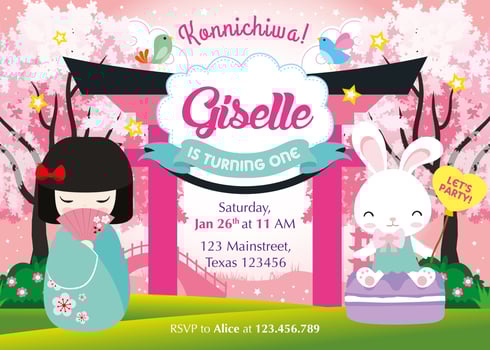 Birthday invitation with cute Japanese Kokeshi Dolls vector