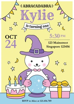 Bear Magician birthday invitation with cute bear in magician hat, birthday cake and gift box vector