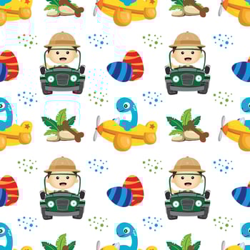 seamless pattern with cute boy and dinosaur cartoon vector