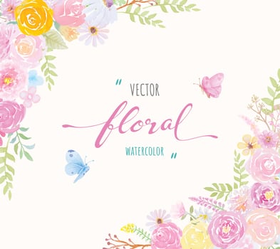 watercolor hand painted illustration Beautiful Rose Flower botanical leaf and butterfly for love wedding valentines day or arrangement invitation design greeting card vector