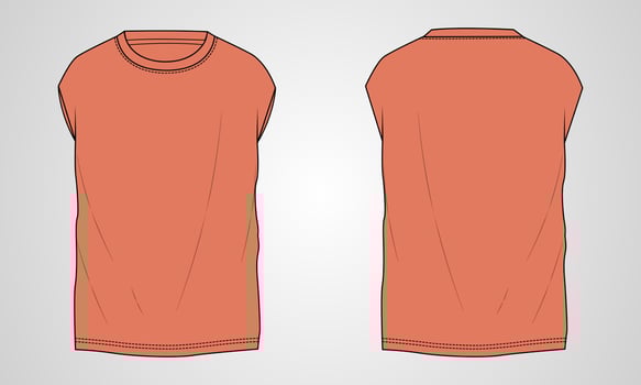 Sleeveless T-shirt Tops technical fashion Flats Sketch Vector illustration Template For mens and boys.