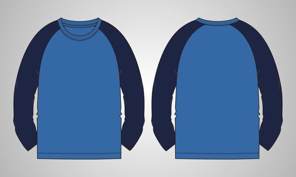Long sleeve Raglan T shirt technical fashion flat sketch vector Illustration template front, back views isolated on grey background. Regular fit Basic apparel Design Mock up.