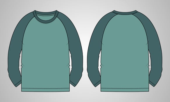 Long sleeve Raglan T shirt technical fashion flat sketch vector Illustration template front, back views isolated on grey background. Regular fit Basic apparel Design Mock up.