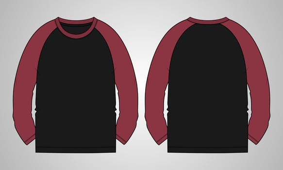 Long sleeve Raglan T shirt technical fashion flat sketch vector Illustration template front, back views isolated on grey background. Regular fit Basic apparel Design Mock up.