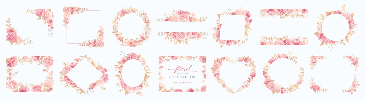 Collection set Beautiful Rose Flower and botanical leaf digital painted illustration for love wedding valentines day or arrangement invitation design greeting card vector