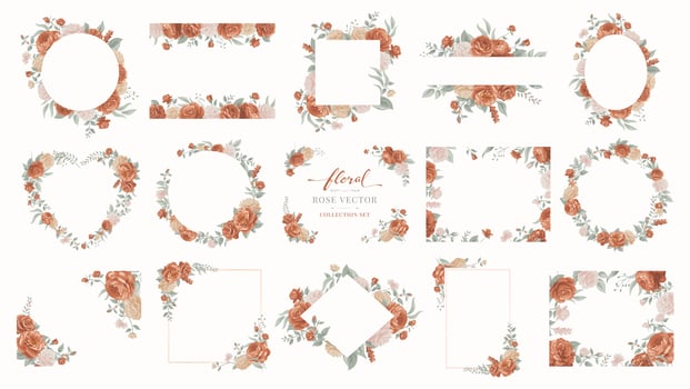Collection set Beautiful Rose Flower and botanical leaf digital painted illustration for love wedding valentines day or arrangement invitation design greeting card vector