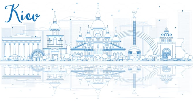 Outline Kiev skyline with blue buildings and reflections. vector