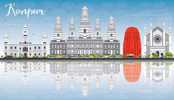 Kanpur Skyline with Gray Buildings, Blue Sky and Reflections. vector