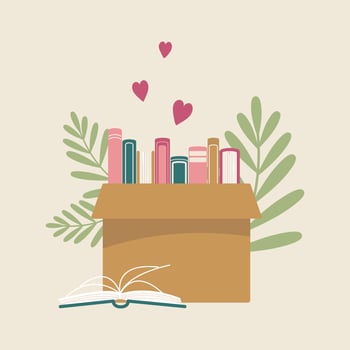 Cardboard box with books for donations, charity. Colorful vector illustration