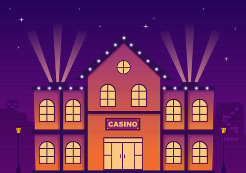 Casino Building Cartoon Illustration with Architecture, Lights and Purple Background for Gambling Style Design vector