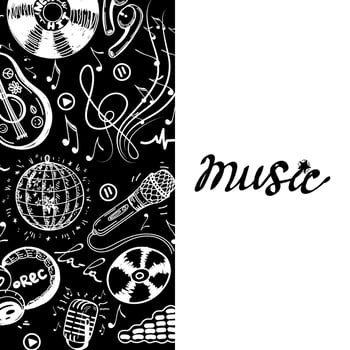 Banner template with elements of music, hand-drawn doodles in sketch style. Guitar or ukulele. Headphones, microphones, violin key with sheet music and recording icons. Music lettering, hand-drawn vector