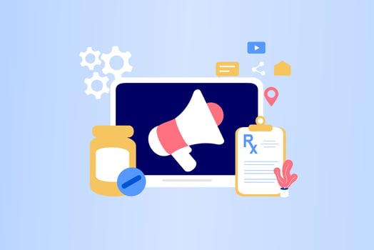 Pharmacy concept. Pharmaceutical representative with computer and medicine. Pharmaceutical marketing, drugs advertising, medication industry. Flat vector illustration for web banner, infographics.
