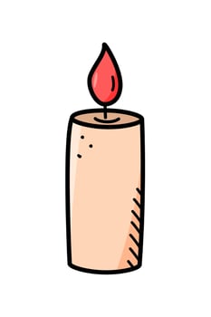 Burning candle icon, vector doodle illustration of a wax candle with a wick.