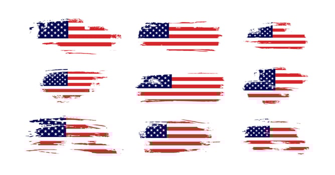 Vintage waving USA flag set. Vector waving American flags on grunge texture.