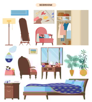 Bedroom Interior Elements Flat Vector Set. Wooden Furniture and accessories.