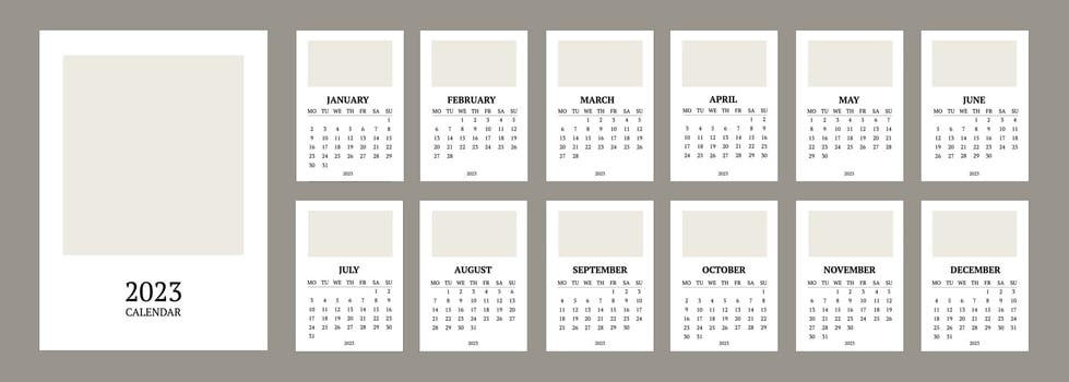 classic monthly calendar for 2023. A calendar in the style of minimalism of a square shape. Calendar template with a place for a photo or your design vector