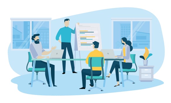 Vector illustration concept of business meeting, teamwork, training, improving professional skill.