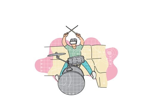 Young man having fun beating his drum online. VR game concept. Vector illustration design