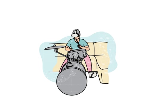 Young man chilling in living room playing VR game. Vector illustration design