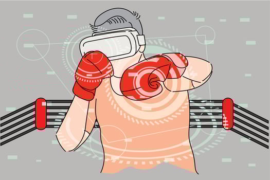 Casual kid boxing in the virtual ring with virtual reality. Flat design illustration vector