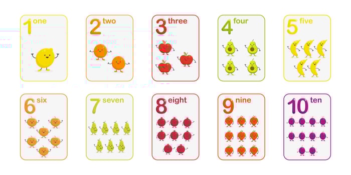 number flashcards with cartoon fruits and berries for kids vector
