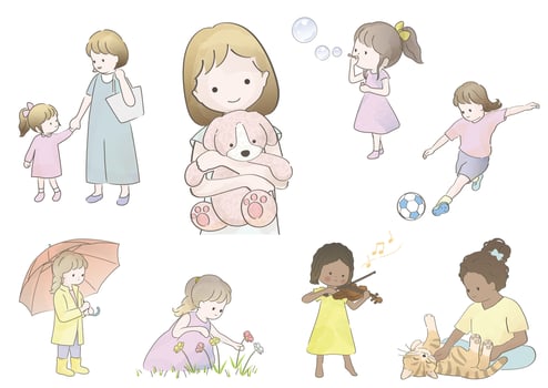 Watercolor Cute Girls Vector Illustration Set Isolated On A White Background.