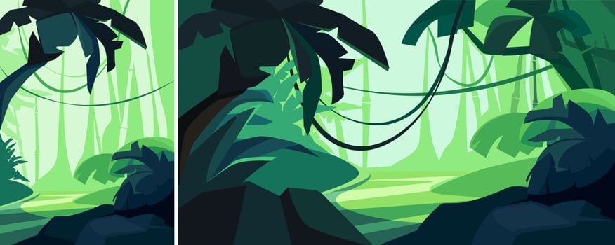 Tropical forest at sunset. Natural scenery in different formats. vector