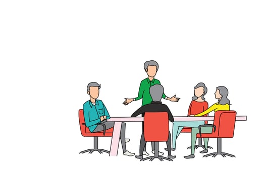 Group discussion between business worker. Braintstorming concept vector flat design illustration.