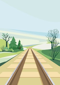 Railroad in spring season. Outdoor scene in portrait format. vector