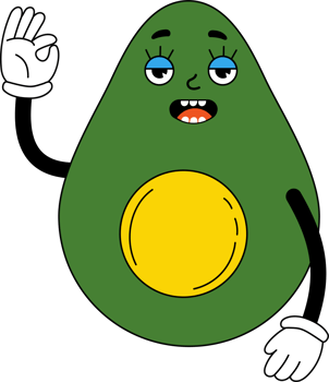 Funny cartoon character avocado, with gloved hands png