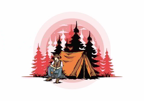 Man wearing a cowboy hat sitting in front of the tent illustration vector