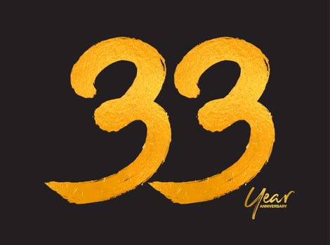 Gold 33 Years Anniversary Celebration Vector Template, 33 Years  logo design, 33th birthday, Gold Lettering Numbers brush drawing hand drawn sketch, number logo design vector illustration