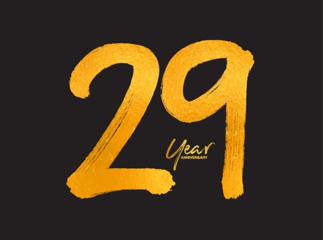 Gold 29 Years Anniversary Celebration Vector Template, 29 Years  logo design, 29th birthday, Gold Lettering Numbers brush drawing hand drawn sketch, number logo design vector illustration