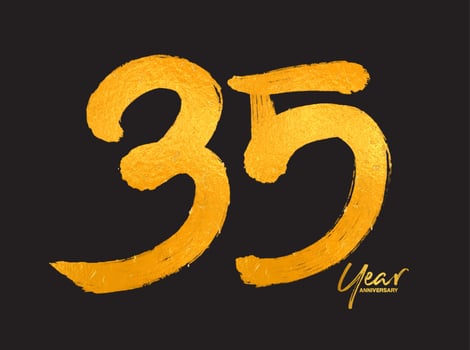 Gold 35 Years Anniversary Celebration Vector Template, 35 Years  logo design, 35th birthday, Gold Lettering Numbers brush drawing hand drawn sketch, number logo design vector illustration