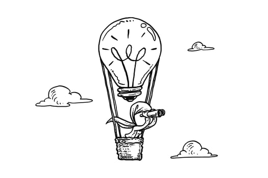 Asian muslim business woman using ballon ideas searching for new career opportunities. Vision concept. Cartoon vector illustration design
