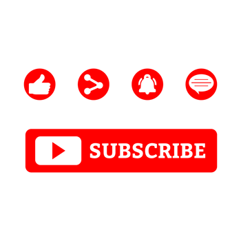 Subscribe button PNG image with metallic color design. Button collection for social media with red color. Like, comment, subscribe, share, and notification buttons on transparent background.