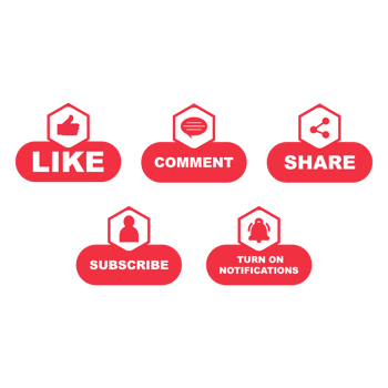 Subscribe button PNG bundle with the like, share, and comment section. Red color button collection for social media posts. Metallic red color design on a transparent background.