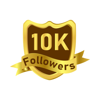 10K follower celebration golden badge PNG with ribbon. Thanksgiving for 10K followers. Luxurious golden color follower badge with a shield shape on transparent background.