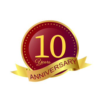 Social media anniversary badge image with golden and maroon colors. Anniversary royal badge PNG with a round shape. Golden and maroon badge design with a ribbon on transparent background.