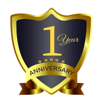 One years anniversary badge design with golden and dark colors. Anniversary royal badge PNG with a shield shape and stars. Gold and Black badge design with a ribbon on a transparent background.