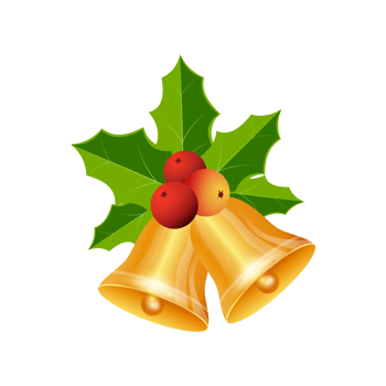 Golden bell with red berries and green leaves on a transparent background. Christmas golden bells set PNG with red berries. Xmas bell collection image with green leaves.