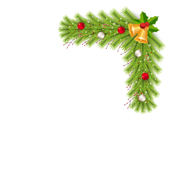 Christmas corner PNG with a golden bell and decoration balls. Xmas Corner design image with red berries and candy cane. Christmas corner decoration on a transparent background.