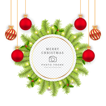 Christmas photo frame PNG with green leaf and decoration balls. Photo frame elements on a transparent background. Holiday photo frame design with red and golden balls, lights, and pine leaves.